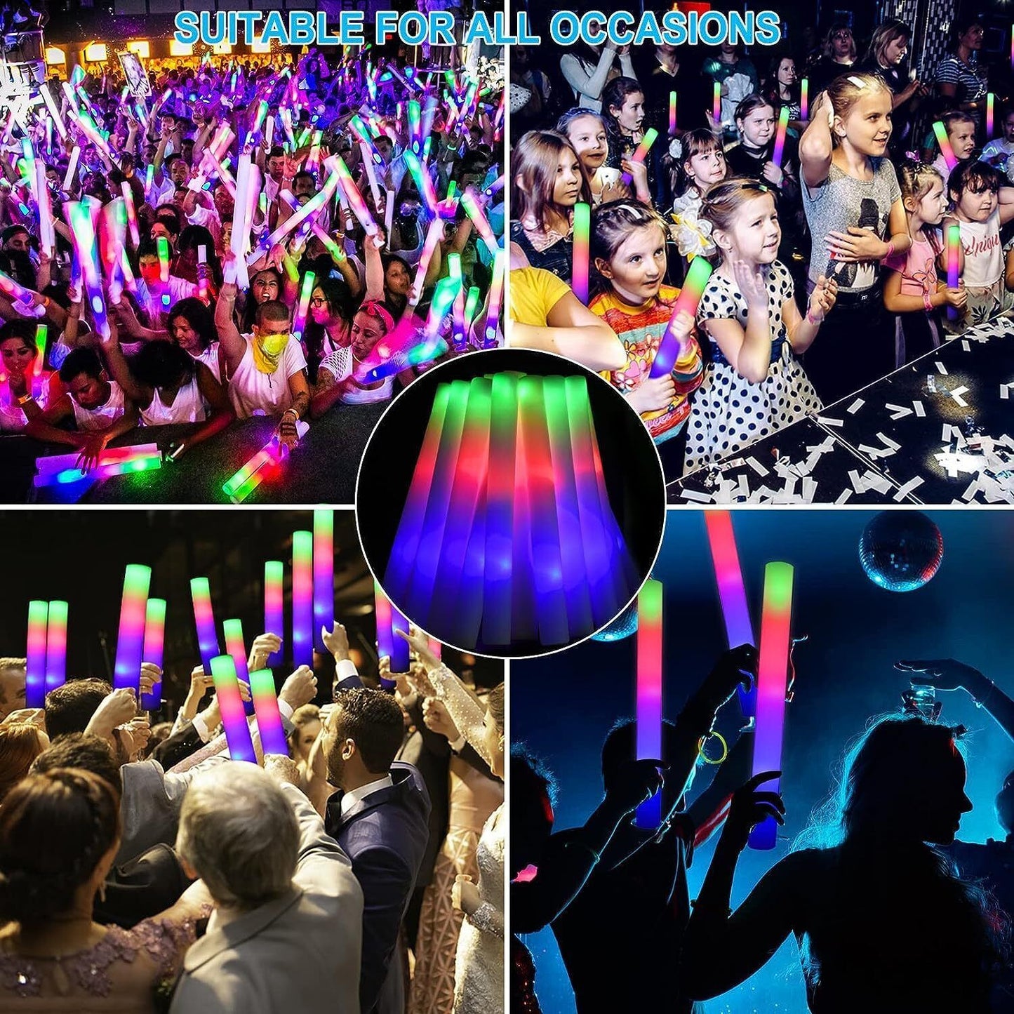 50-100pc LED Foam Sticks Flashing MultiColor Glow In Dark Light Up Party Concert